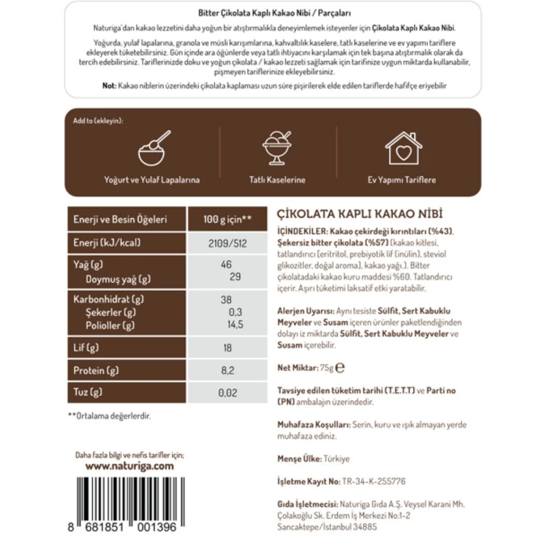 Bitter Çikolata Kaplı Kakao Parçaları(Nibs) 140gr - Image 3
